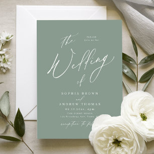 Convites Sage verde moderno roteiro casamento minimalista