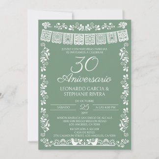 Convites Sage Verde Papel Picado 30º Aniversário