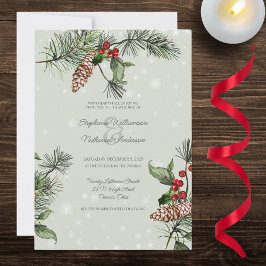 Convites Sage Verde Pinheiro e Azevinho na Neve Casamento
