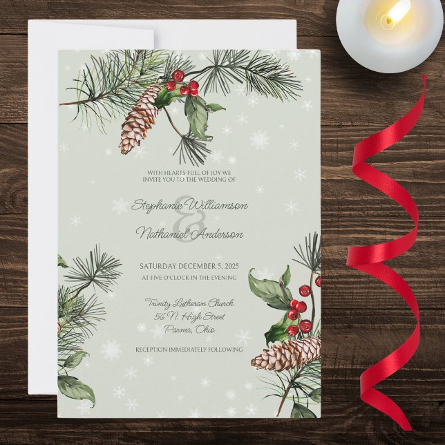 Convites Sage Verde Pinheiro e Azevinho na Neve Casamento (Criador carregado)
