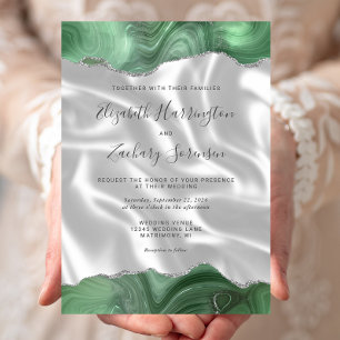Convites Sage Verde Prata Ágata Branco Seda Casamento