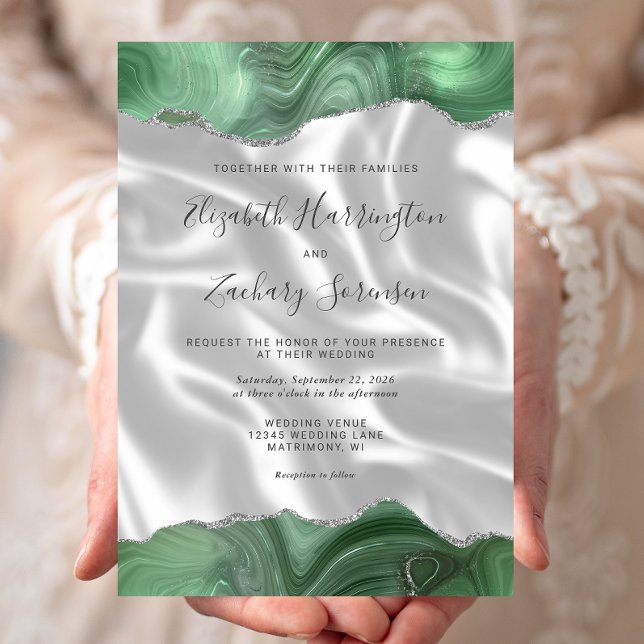 Convites Sage Verde Prata Ágata Branco Seda Casamento (Criador carregado)