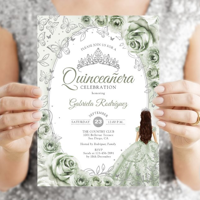 Convites Sage Verde Prata Floral Quinceanera (Criador carregado)