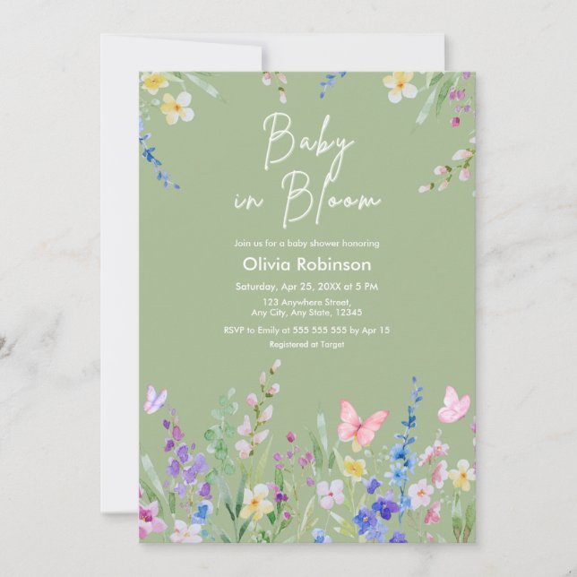 Convites Sage Verde Primavera Bebê em Flor Baby Shower  (Frente)
