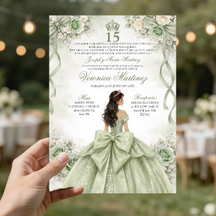 Convites Sage Verde Princesa Espanhola Quinceañera 15 Anos