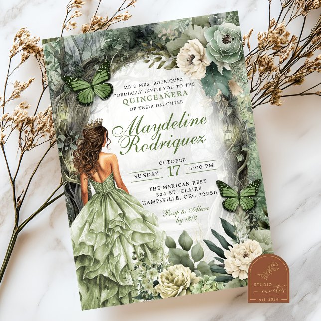 Convites Sage Verde Quinceanera Floresta Caprichosa (Criador carregado)