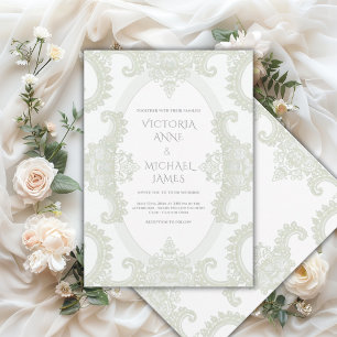 Convites Sage Verde Renda Caprichoso Casamento Vintage
