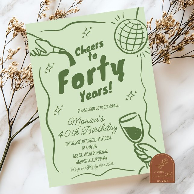 Convites Sage Verde Retro Disco Aniversário de 40 anos (Criador carregado)