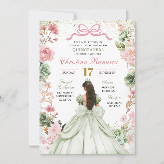 Convites Sage Verde Rosa Coquette Laço Princesa Quinceanera (Frente)