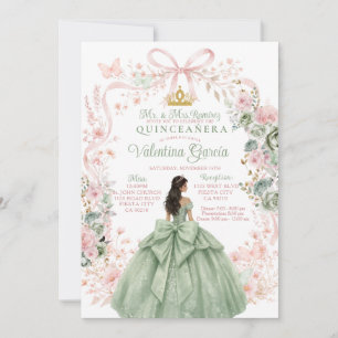Convites Sage Verde Rosa Floral Dourada Princesa Quinceañer