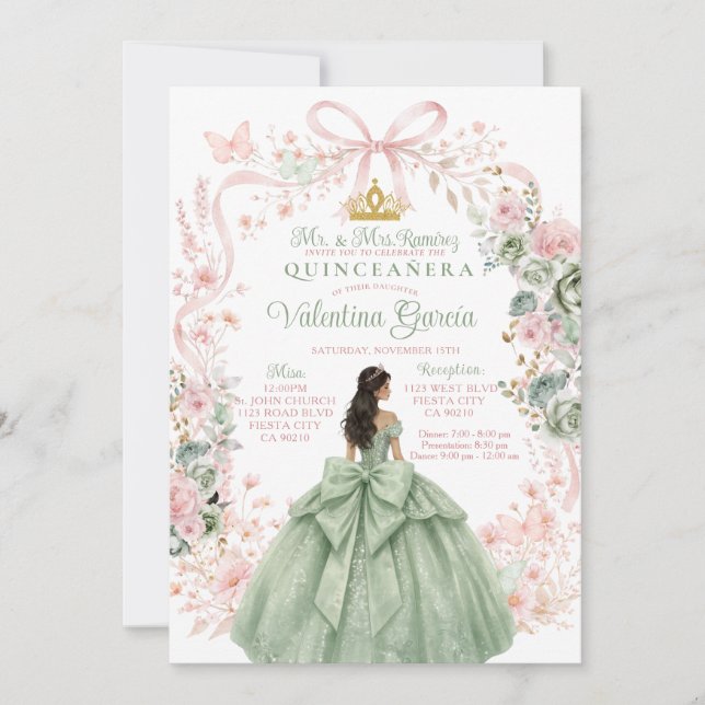 Convites Sage Verde Rosa Floral Dourada Princesa Quinceañer (Frente)