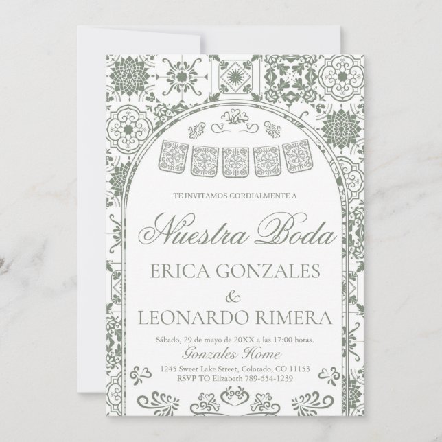 Convites Sage Verde Talavera Papel Picado Casamento Espanho (Frente)