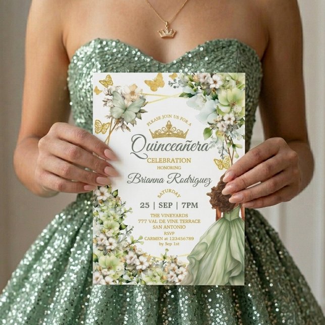 Convites Sage Verde Tiara Dourada Borboleta Quinceañera (Criador carregado)