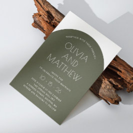 Convites Sage verde tipografia moderna arco casamento + QR