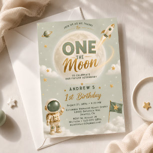 Convites Sage Verde Um Festa de Aniversário na Lua Astronau