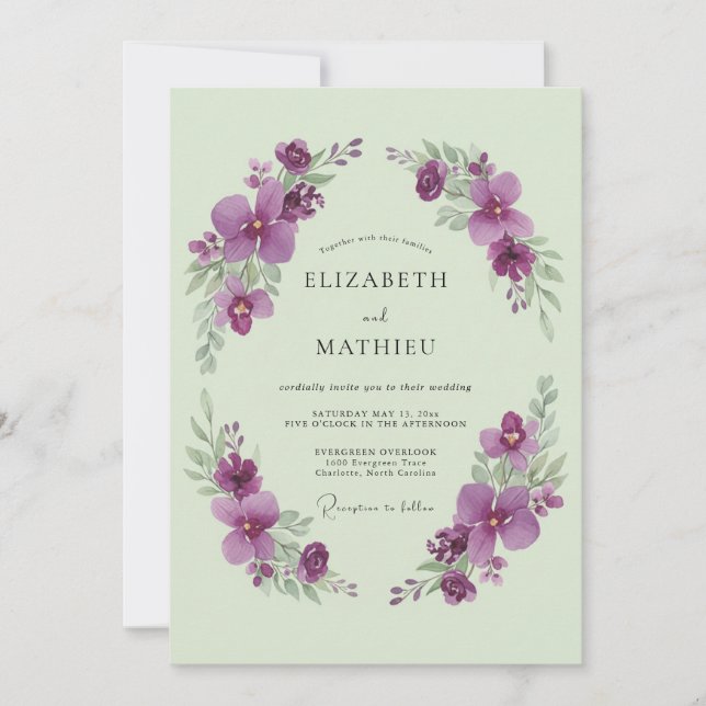 Convites Sage Verde Violeta Casamento Romântico de Primaver (Frente)
