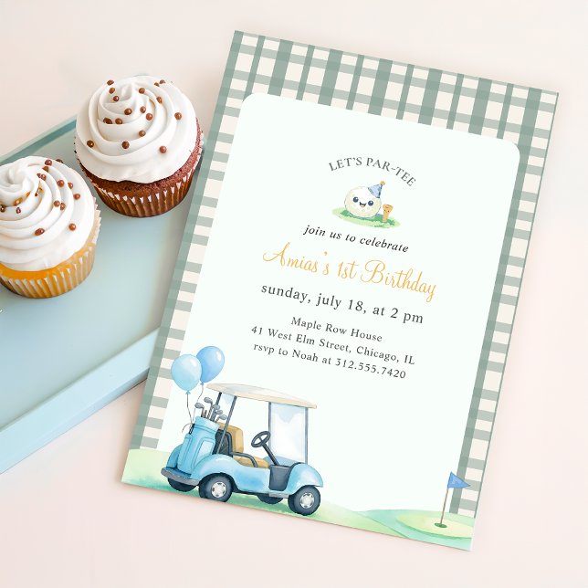 Convites Sage Verde Xadrez Golfe Primeiro Aniversário (Criador carregado)