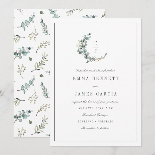 Convites Sage Watercolor Eucalyptus Wreath Monograma Casame (Frente/Verso)