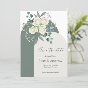 Convites Sage & White Roses Quadro de Arco Save-the-Date 