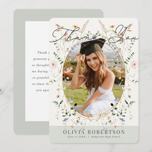 Convites Sage Wildflower Photo Graduation Thank You Card (Frente/Verso)