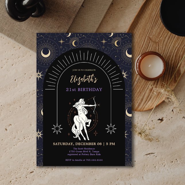 Convites Sagitário negro Zodiac aniversário de 21 anos (Black Mystic Sagittarius Zodiac 21st Birthday Invitation)