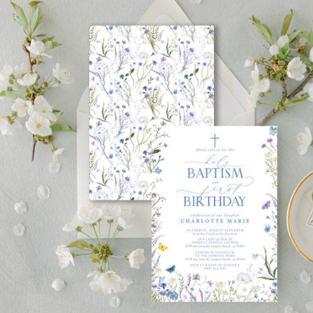 Convites Sagrada Elegante Flores Azuis do Batismo e primeir (Easily personalize this baptism and first birthday invite with your personal details.)