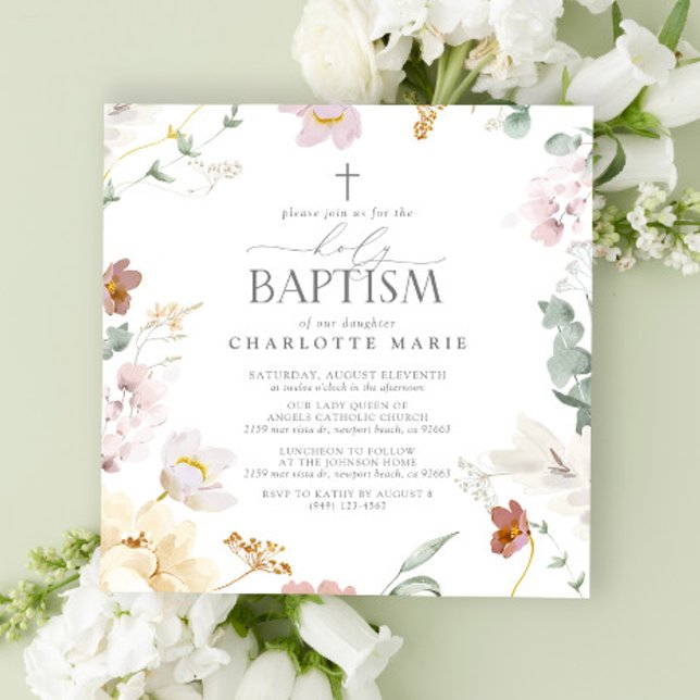 Convites Sagrada Elegante Flores De Aquarela Rosa-Blush (Holy Baptism Invitation!)