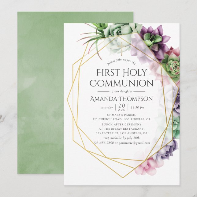 Convites Sagrada Primeira Comunhão Geométrica Suculenta (Frente/Verso)