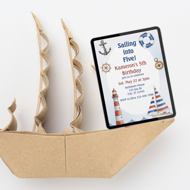 Convites Sailing into Five, Watercolor 5th Birthday (Criador carregado)