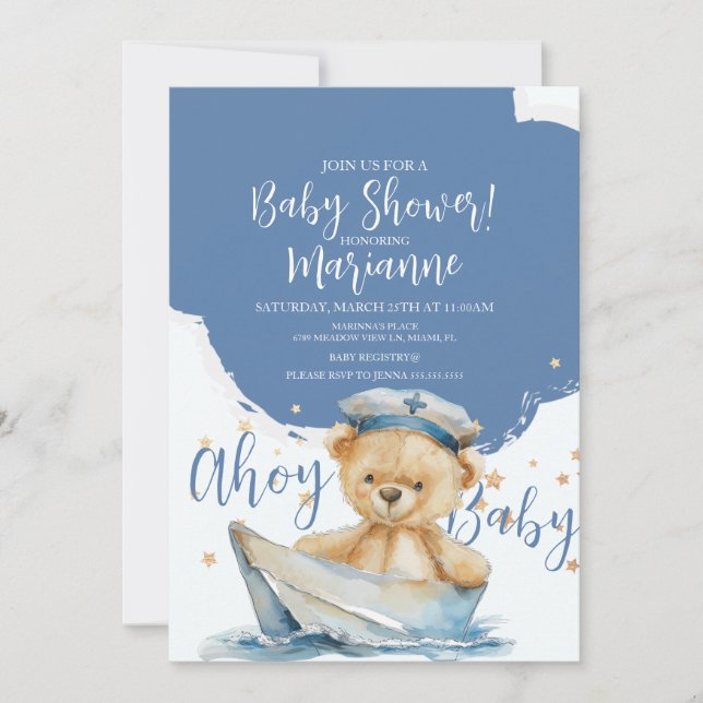 Convites  Sailor Bear Boy Baby Shower  Invitation (Frente)