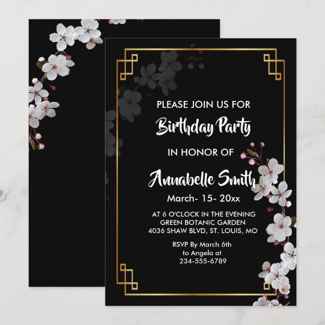 Convites Sakura branca e moldura dourada de aniversário (Frente/Verso)