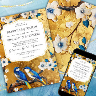 Convites Sakura e Pássaros Azuis no Casamento DOURADO