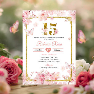 Convites Sakura Flor de Cerejeira Rosa Dourada 15º Quinceañ
