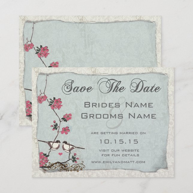 Convites Sakura Passarinho Damask Salvar a Data (Frente/Verso)