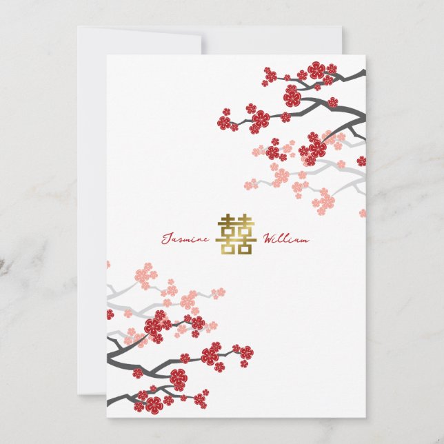 Convites Sakura Vermelha Dupla Felicidade Dourada Casamento (Frente)