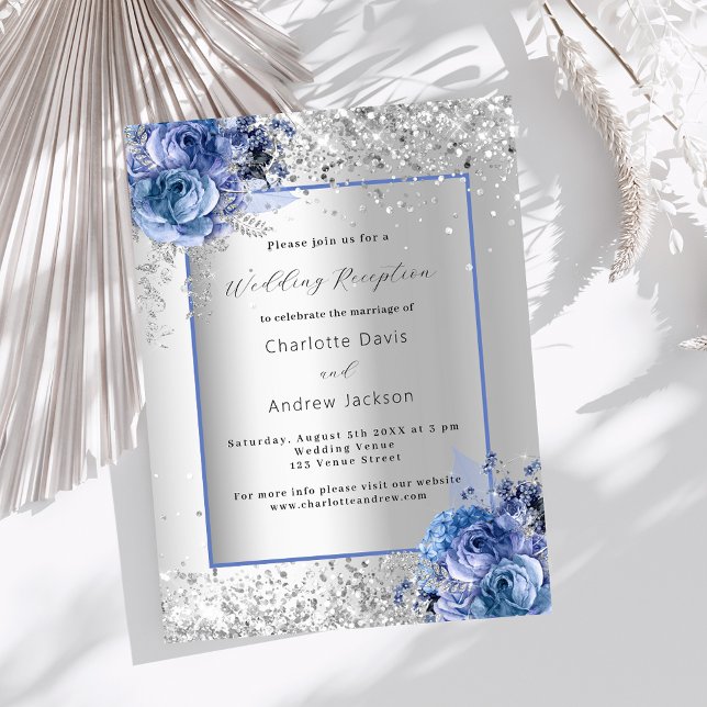 Convites Sala de casamento de prata azul floral luxuosa (Criador carregado)