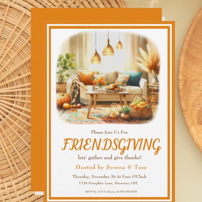 Convites Sala de estar Boho Friendsgiving Dia de Ação de Gr (Criador carregado)