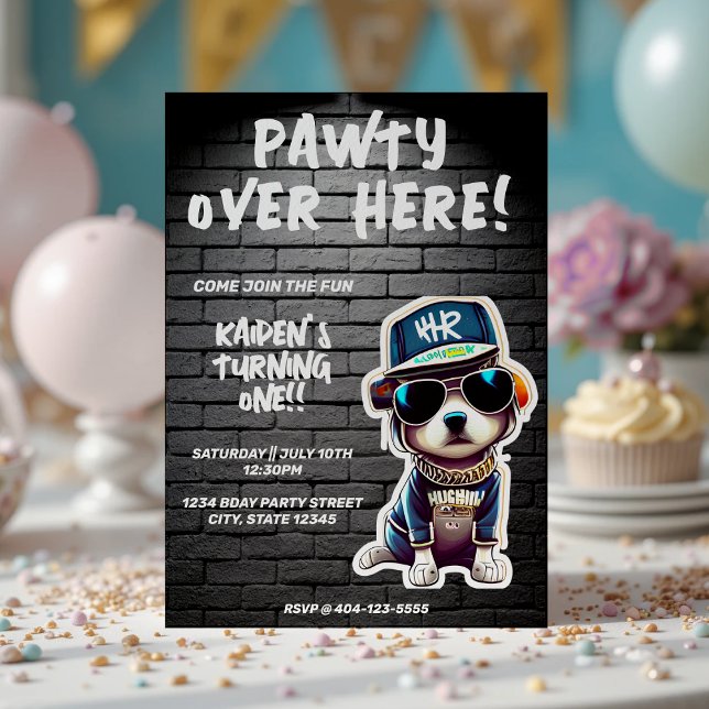 Convites Sala de tijolos do Cachorro Pupido do Cachorro Pri (Hip Hop Puppy Dog Brick Wall First Birthday Party Invitation
)