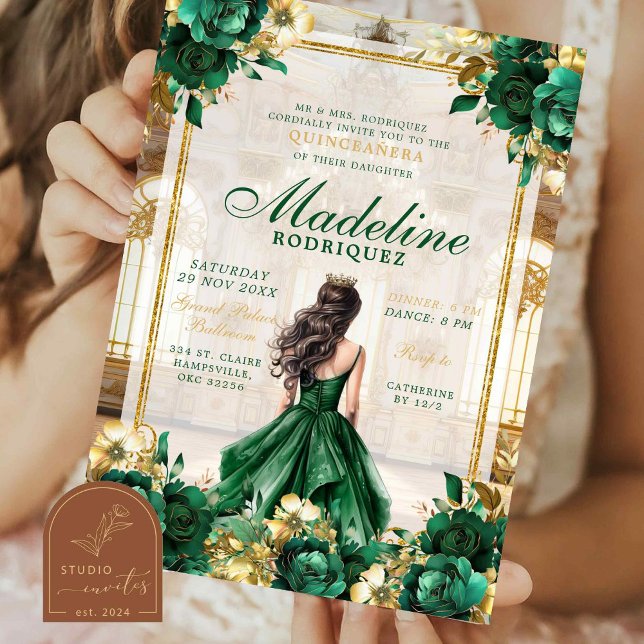 Convites Salão Real Esmeralda Verde Quinceanera (Criador carregado)
