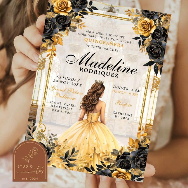 Convites Salão Real Preto e Dourado Quinceanera (Criador carregado)
