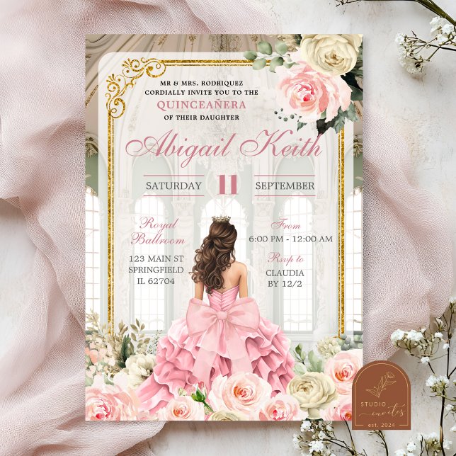 Convites Salão Real Rosa Dourado Arco Coquete Quinceanera (Criador carregado)