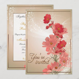 Convites Salmão e Flores Vermelhas/Trim Dourado