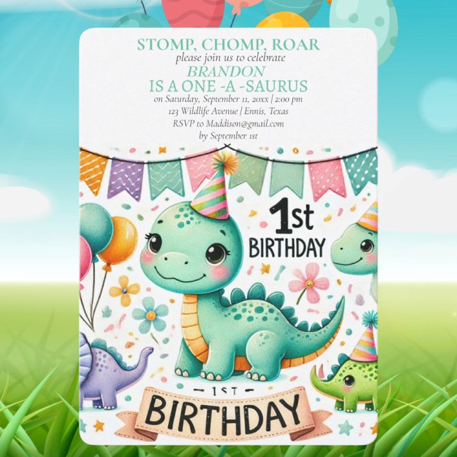 Convites Salto de Chomp do primeiro aniversario Dinossauro (Criador carregado)