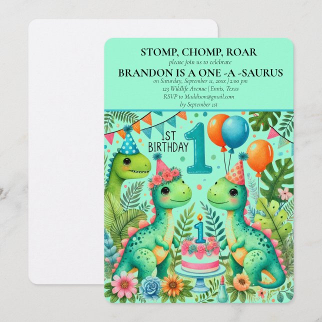 Convites Salto de Chomp do primeiro aniversario Dinossauro (Frente/Verso)