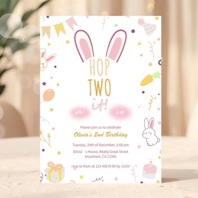 Convites Salto De segundo aniversário De Coelhinho Rosa De  (Hop Two It Editable Second Birthday Invitation Template, Girls 2nd Birthday Party, Pink Bunny Pastel)