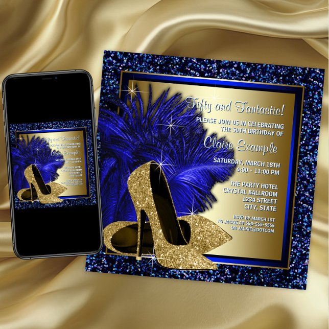 Convites Saltos Altos Azul e Dourado Festa de Aniversário d (Womans royal blue and gold high heel shoe invitation. Any number or event. Digital and printed.)
