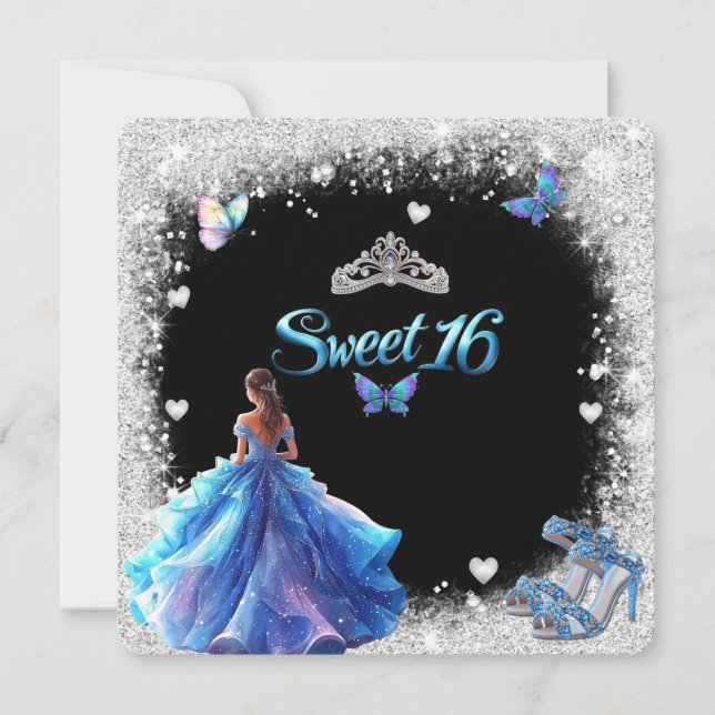 Convites Saltos altos coroa brilho Sweet 16 (Frente)