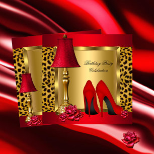 Convites Saltos Altos de Ouro Vermelho Rosas Leopardo Festa