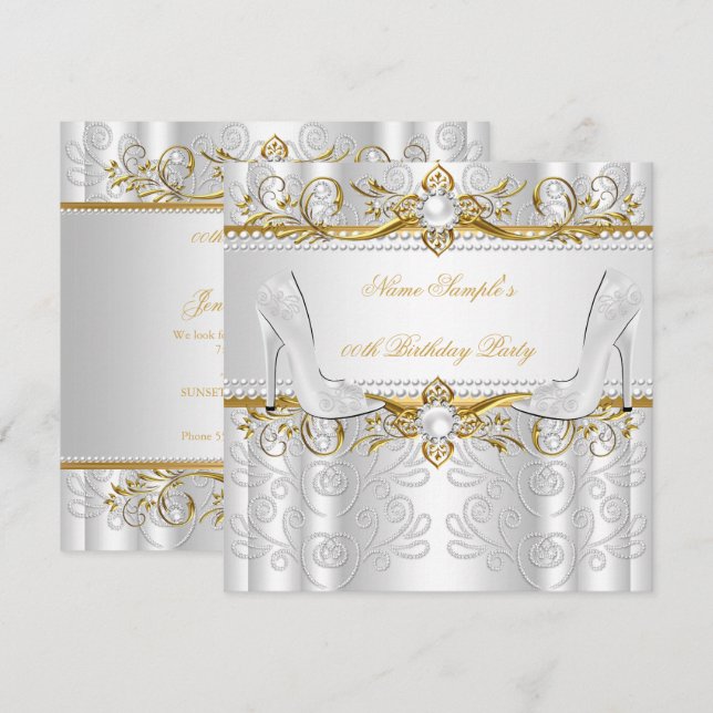 Convites Saltos Altos Elegantes de Ouro Branco com Pérola e (Frente/Verso)