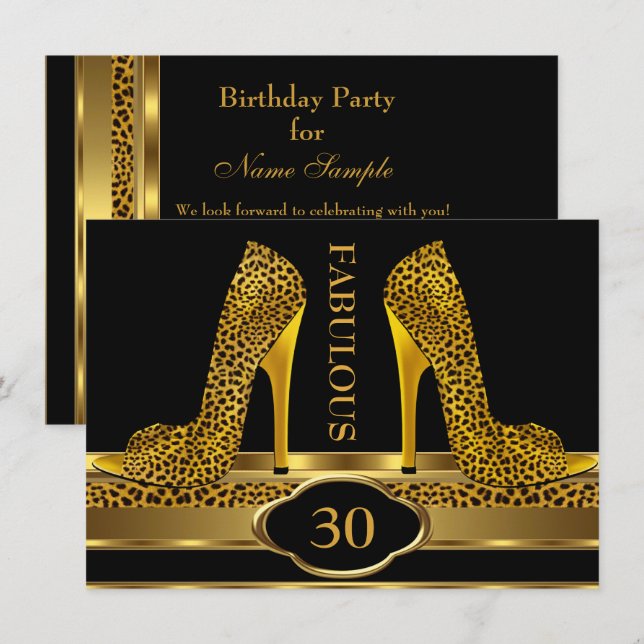 Convites Saltos Altos Fabulosos de 30 Leopard Gold Cheetah  (Frente/Verso)